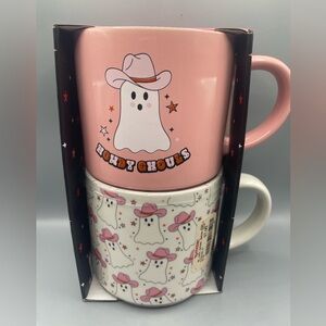 Elum Home Halloween COWGIRL GHOST Set of Two Stackable Mugs HOWDY GHOULS NEW